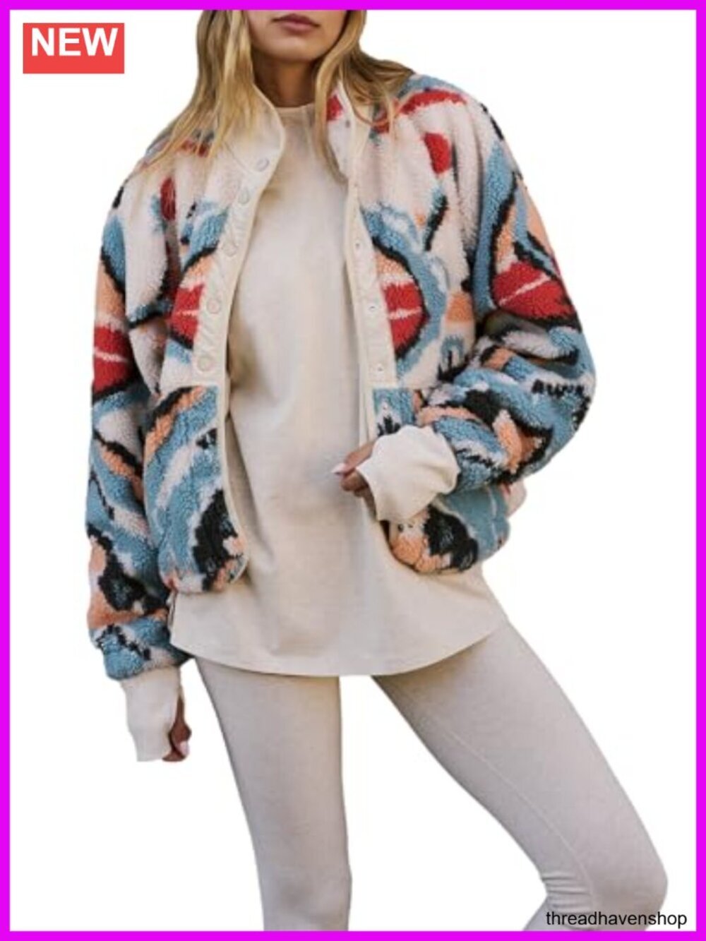 Long Sleeve Button Down Fuzzy Fleece Jacket with Pockets Sherpa Coat